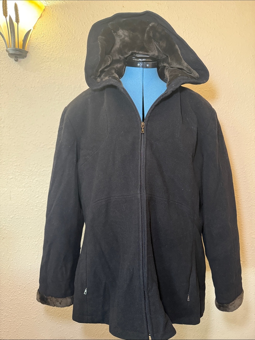 Apostrophe Black Hooded Zip Front Coat - Classic Warm Winter Jacket